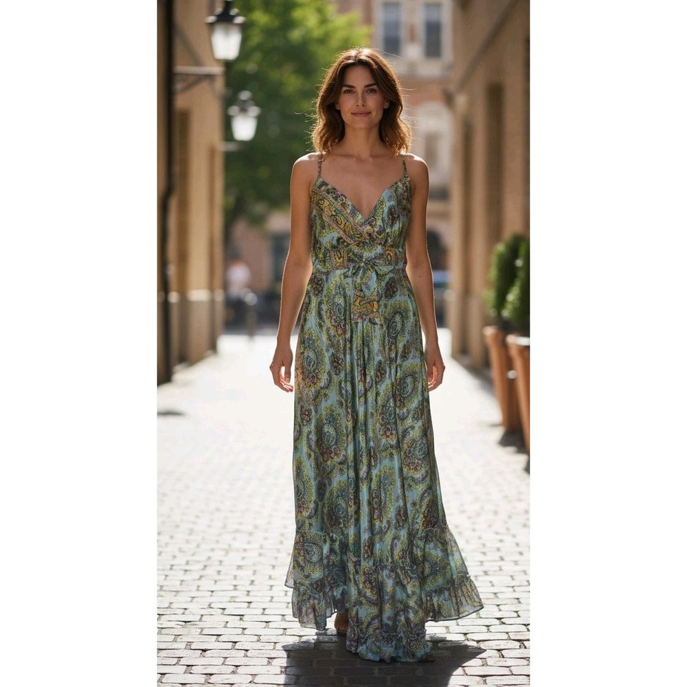 Raj Pastel Paisley Maxi Long‎ Dress 70% Silk Empire Waist V Neck Sleeveless SZ S